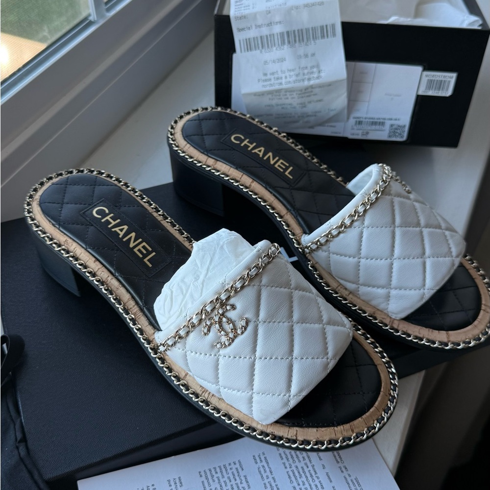 Chanel Black and White Quilted Mules